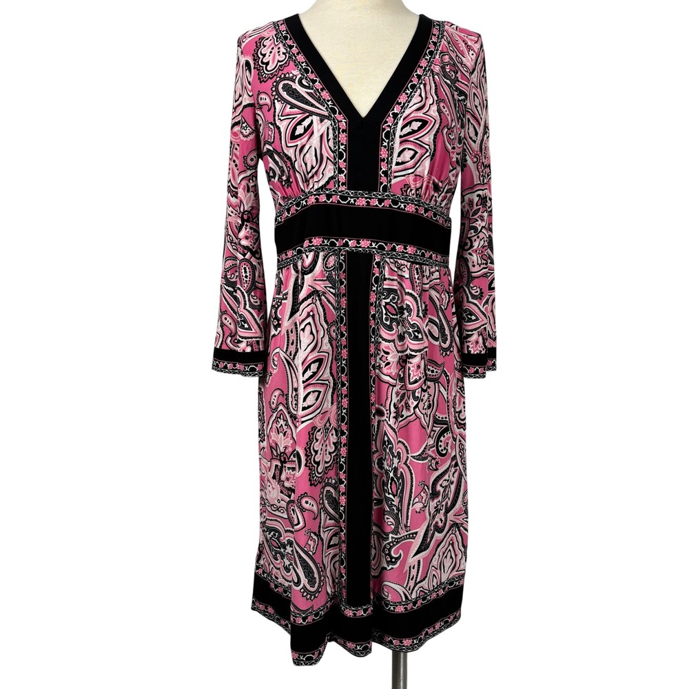INC International Concepts Pink Paisley V Neck Bell‎ Sleeve Empire Waist Dress M
